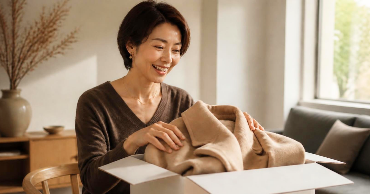 届いたコートを手に喜ぶ女性